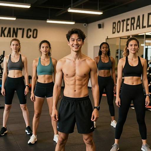 Photograph of a fit, smiling, shirtless young man with curly hair in black shorts leading four women in sports bras and black leggings in a modern