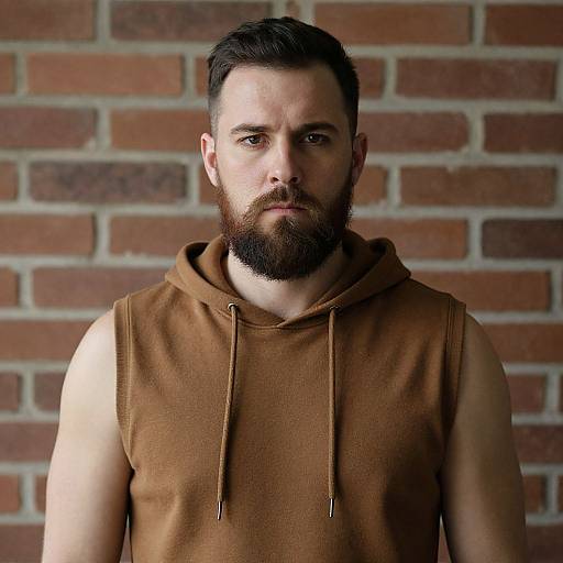 Photograph of a bearded man with short dark hair, wearing a sleeveless brown hoodie, against a red brick wall background.