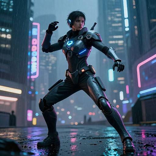 Cyberpunk cityscape, rainy night. Male superhero in sleek black armor with glowing blue accents, standing in a dynamic pose on a wet street.