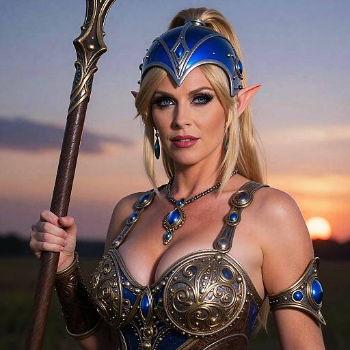 Photograph of a blonde, blue-eyed elf warrior woman with large breasts, wearing ornate, metallic armor, holding a staff, against a sunset sky