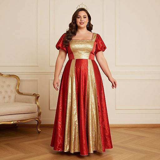Photograph of a plus-size woman with long dark hair, wearing a gold and red ornate ball gown with puffed sleeves, standing in an elegant