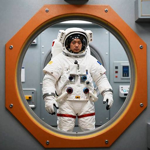 Astronaut in Vibrant Hexagonal Airlock