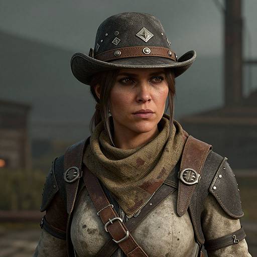 Photorealistic CGI of a determined woman in medieval fantasy armor, wearing a weathered brown hat with star and diamond decorations. Background shows a misty