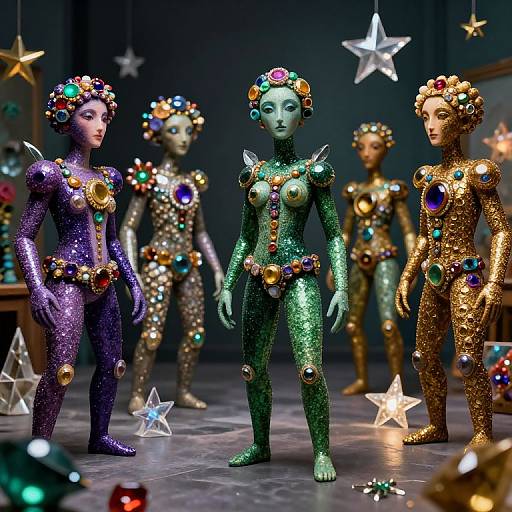 Photograph of five glittery, humanoid statues in vibrant colors (purple, green, gold) with jewel-encrusted crowns and necklaces