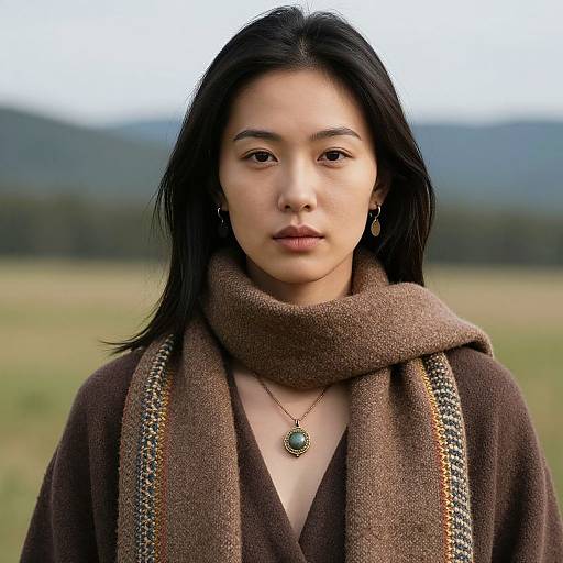 Photograph of an Asian woman with long black hair, wearing a brown scarf, brown coat, and green pendant, standing in a grassy field with