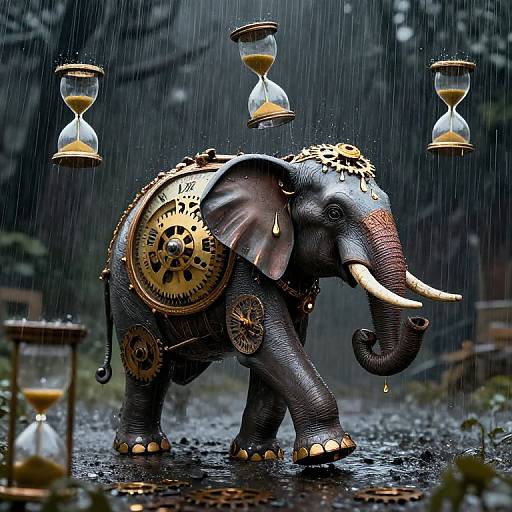 Photograph of a rain-soaked, steampunk-style elephant with gold gears and clockwork mechanisms, surrounded by floating hourglasses in a dark