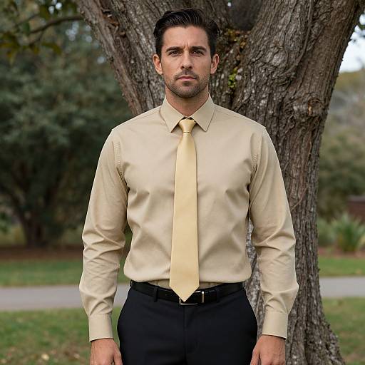 Photograph of a serious, dark-haired man with a trimmed beard, wearing a cream shirt and yellow tie, standing in front of a tree in a