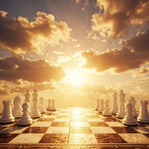 Photograph of a sunlit chessboard with large white chess pieces under a dramatic, golden sunset sky with scattered clouds.