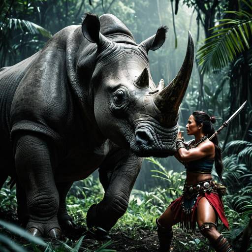 Epic Confrontation Between Female Shaman Huntress and Armored Rhinoceros