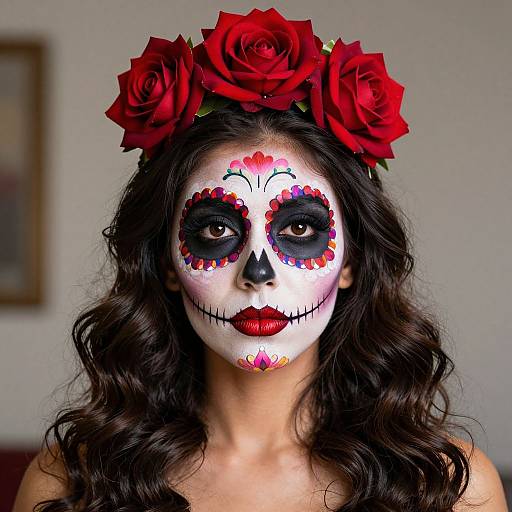 Photograph of a woman with long wavy black hair, wearing a red rose flower crown, white face paint with black and red sugar skull design,