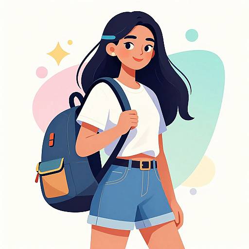Digital illustration of a smiling, light-skinned Asian girl with long black hair, wearing a white crop top, blue shorts, and a blue backpack,