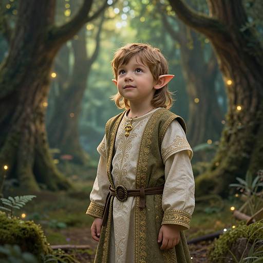 Photorealistic CGI of a young elf girl with pointed ears, wearing a medieval-style green and white dress, standing in a enchanted forest with glowing fairy