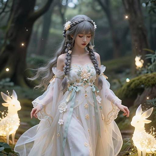 Gray-Haired Anime Girl in Enchanted Forest