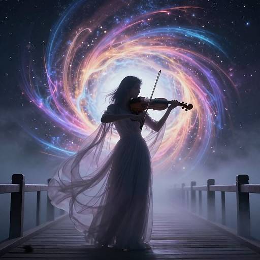 Silhouetted woman playing violin on a wooden bridge, surrounded by swirling cosmic colors and stars, creating a mystical, ethereal scene. Digital artwork
