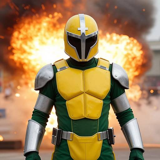 Photograph of a superhero in a green and yellow armored suit with a yellow helmet, standing in front of a large, bright explosion.