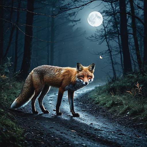 Fox on Forest Path at Night