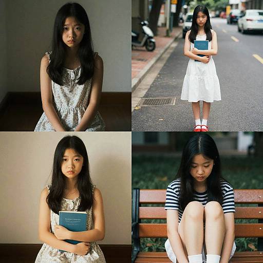 Photograph collage of an Asian girl with long black hair, wearing different dresses, holding a blue book, in various indoor and outdoor settings, showing a