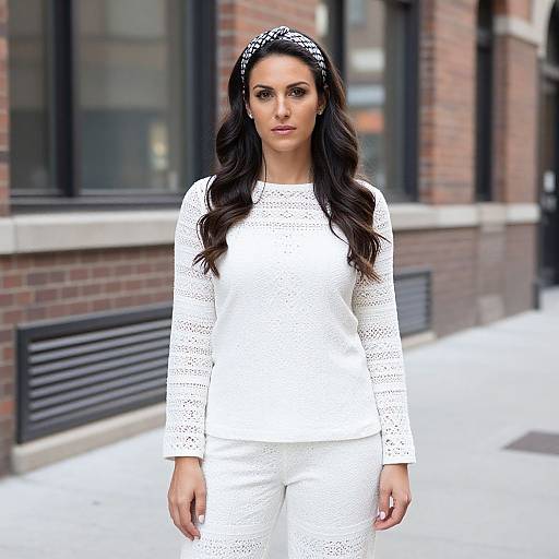 Photograph of a brunette woman with long wavy hair, wearing a white lace blouse and pants, black headband, standing in front of a brick
