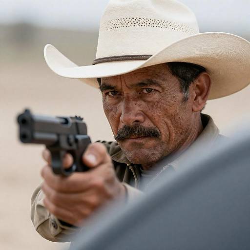 Middle-aged cowboy aiming handgun