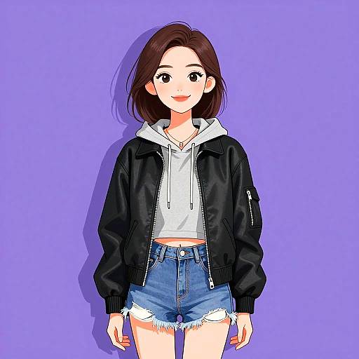 Digital anime-style drawing of a cute young woman with medium-length brown hair, black jacket, white hoodie, and frayed denim shorts against a solid purple