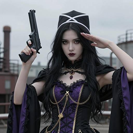 Gothic Woman Holding Gun and Saluting