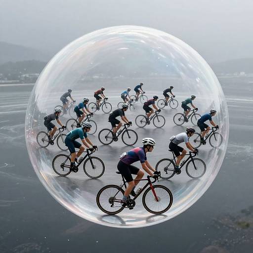 Photograph of cyclists inside a large, transparent bubble on a foggy racetrack; cyclists wear helmets and spandex, creating a surreal, reflective