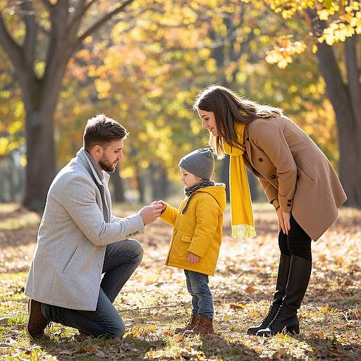 Photograph of a bearded father kneeling, mother standing, and young boy in yellow coat holding hands in a sunlit autumn park.