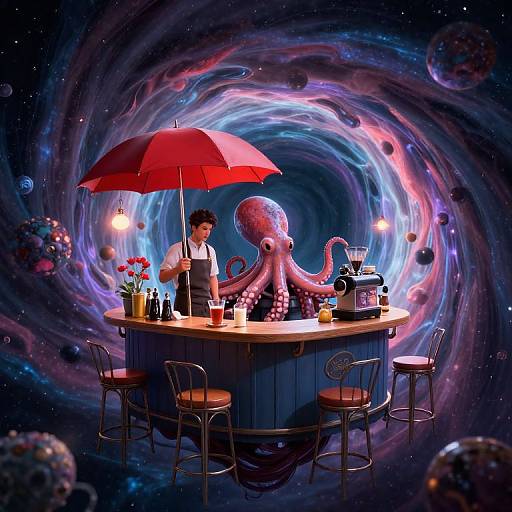Photorealistic digital art: Bar with human bartender, pink octopus, red umbrella, flowers, coffee maker, in swirling cosmic galaxy background.