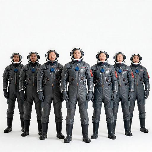 Seven Astronauts in Gray Space Suits