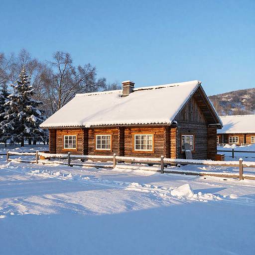 Snow-Covered Hut in Winter Sunset