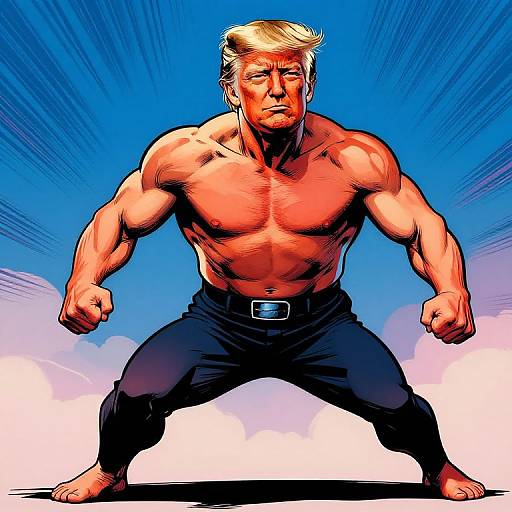 Hyper-muscular, shirtless Donald Trump in black pants, fists clenched, blue sky background, comic-style digital art with vibrant colors.