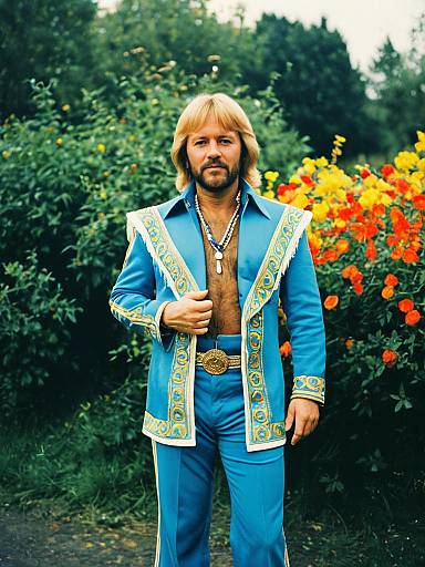 Man in Vintage Blue ABBA Outfit Outdoors