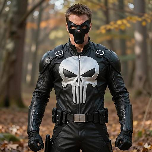 Male Superhero in Punisher Costume Outdoors