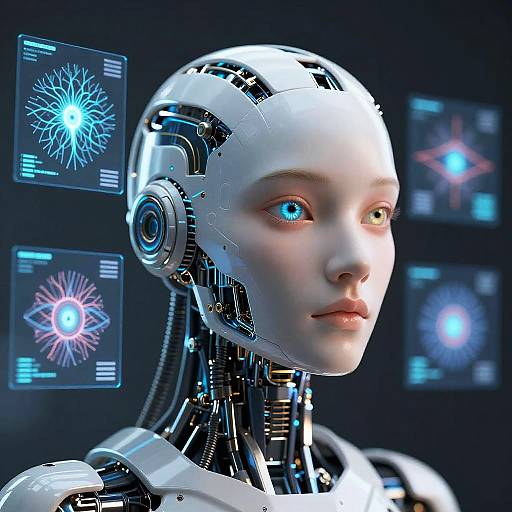 CGI image of a sleek, white-fleshed, blue-eyed female android with exposed mechanical parts, surrounded by glowing, digital starburst screens.