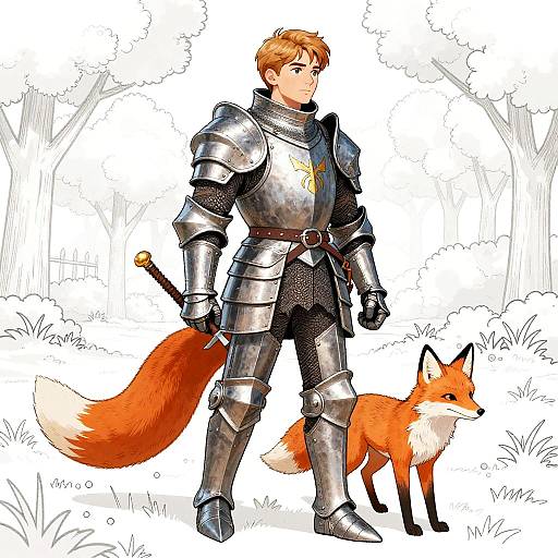 Young Knight Walking Fox Coloring Page