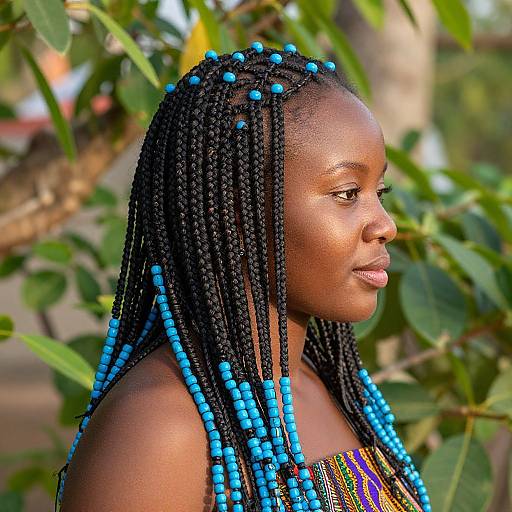 Photograph of a dark-skinned woman with blue beaded braids, wearing a colorful patterned top, standing against a leafy background.