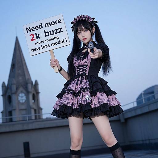 Digital artwork of an anime-style girl in gothic lolita dress, holding a sign 