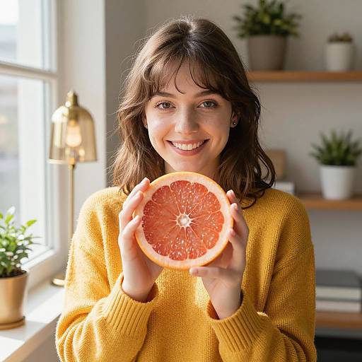 Photograph of a smiling young woman with wavy brown hair, wearing a yellow sweater, holding a halved pink grapefruit in front of her.