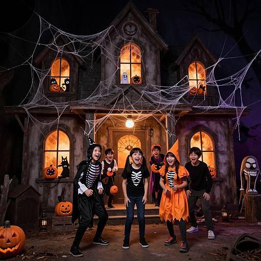 Children Exploring Haunted House on Halloween