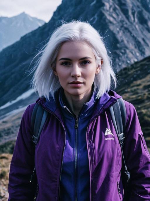 Woman with White Hair in Purple Jacket by Mountain