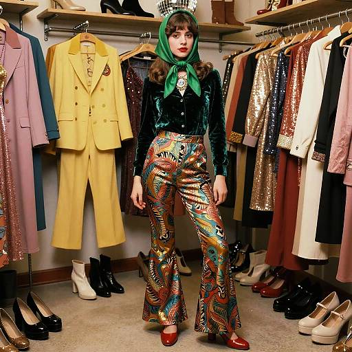 Photograph of a woman in a green headscarf, black velvet top, and colorful patterned pants, standing in a stylish clothing store with diverse