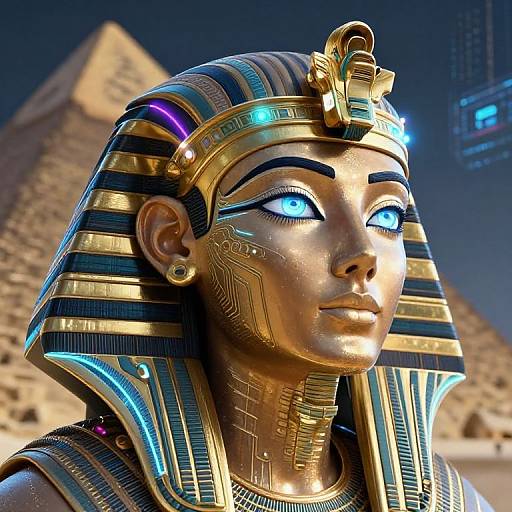 Photorealistic CGI of an ancient Egyptian woman with glowing blue eyes, gold and black striped headdress, and ornate jewelry, standing in front of