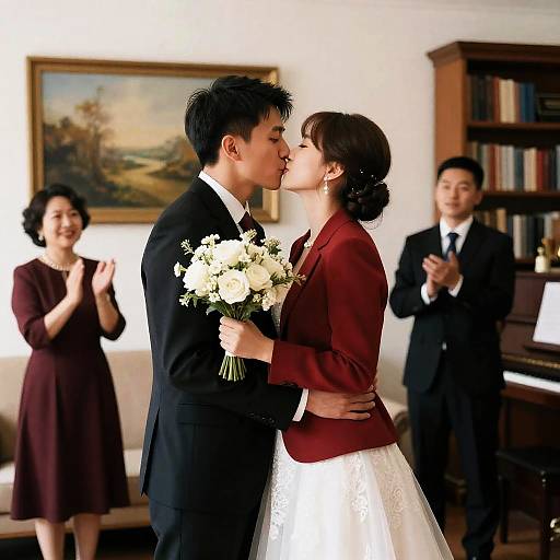 Passionate Wedding Kiss in Living Room