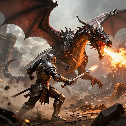 Digital fantasy artwork: Armored knight with sword battling fiery, black-scaled dragon in a rocky, ruins-filled battlefield with explosive flames.