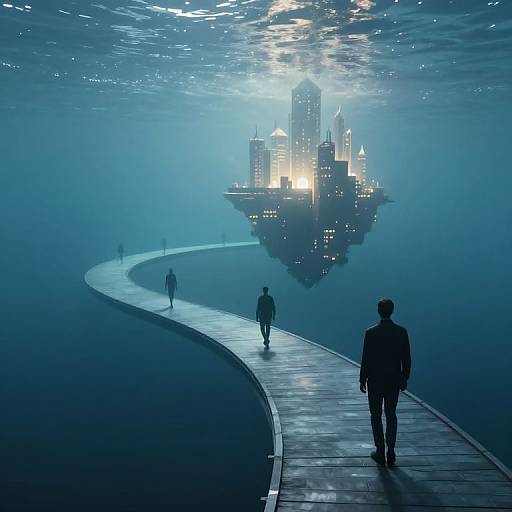 Digital artwork of a futuristic underwater scene with silhouetted figures walking on a curved, illuminated wooden path towards a glowing, floating city in the mist