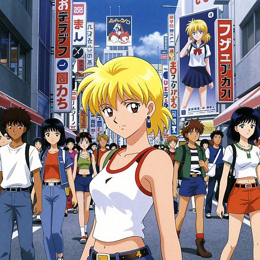 Anime-style digital illustration of a crowded urban street with blonde-haired girl in white tank top and red trim, surrounded by diverse group of high school students,