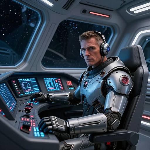 Photorealistic CGI of a serious-looking, silver-armored astronaut with short brown hair, wearing a headset, seated in a futuristic spaceship cockpit with glowing