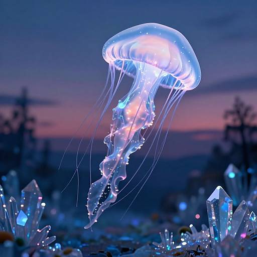Photograph of a glowing, translucent jellyfish with trailing tentacles, illuminated against a twilight sky and surrounded by crystalline structures.