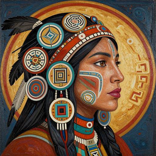 Digital painting of a Native American woman with intricate feathered headdress, geometric face paint, and colorful jewelry, against a golden halo.
