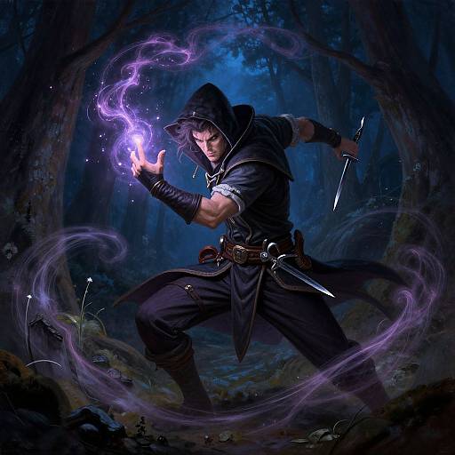 Digital fantasy artwork: Muscular male sorcerer in dark hood and cloak, glowing purple magic, forest background, dual knives, intense expression.